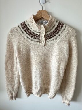 100% Pure Wool - Cream Fair Isle Yoke Button-Front Turtleneck Sweater